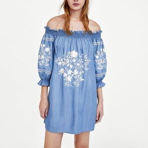 Zara denim embroidered off the shoulder dress